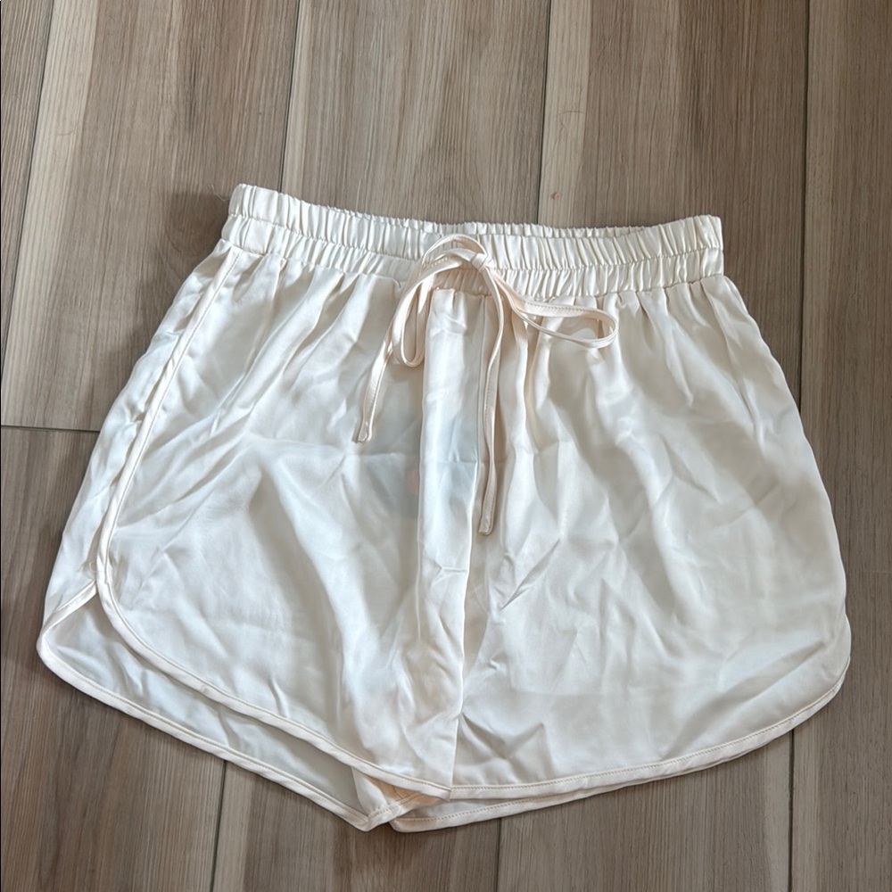 Women's Cream Drawstring Silk  Lounge Shorts
